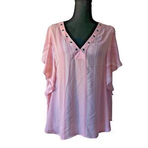 A.N.A Stripes‎ Red/Pink/White Ruffle Chiffon Grommets V Neck Blouse Size XL